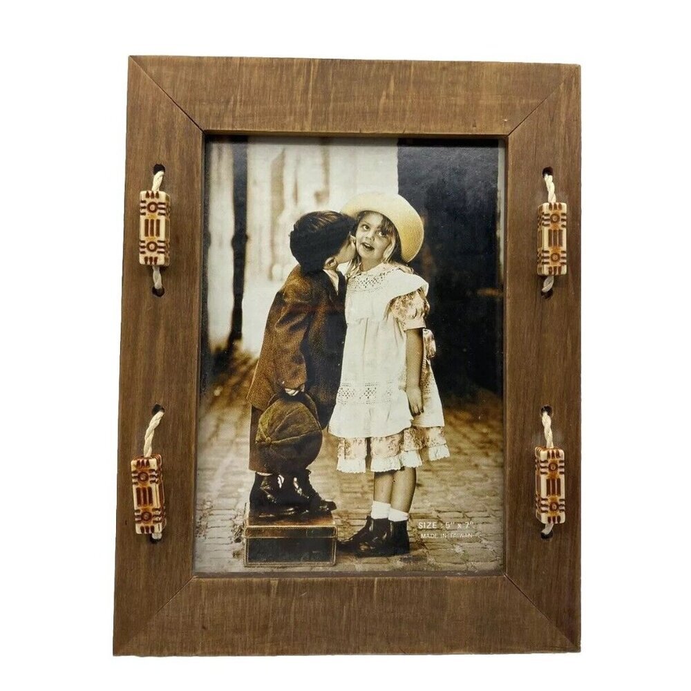 Vintage Wood Picture Frame Taiwan 5" X 7" Rustic Cords Beads Western Boho Retro